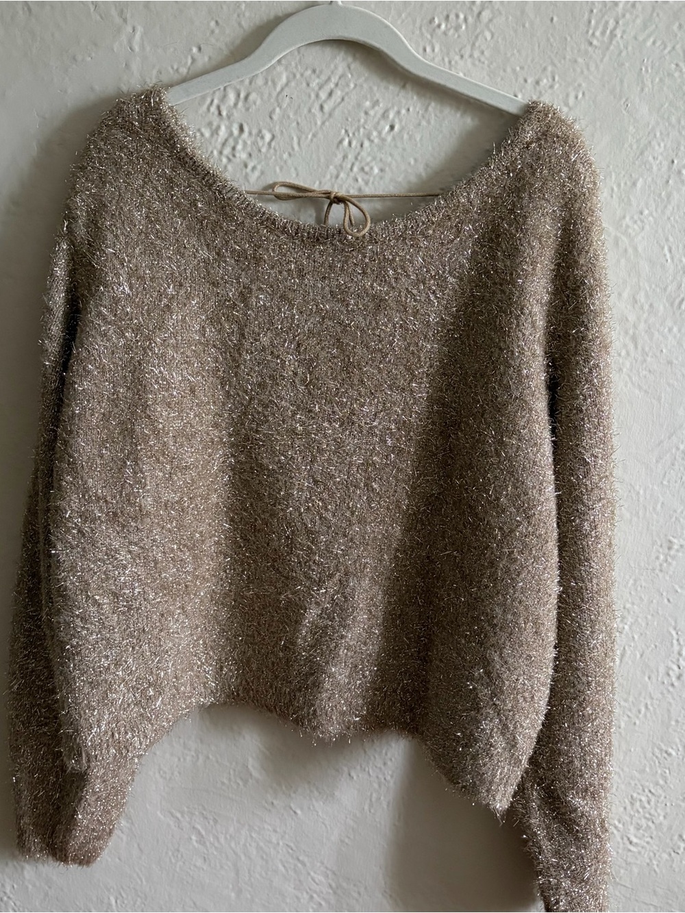 Anthropologie Shimmery Taupe Fuzzy Boatneck Sweater